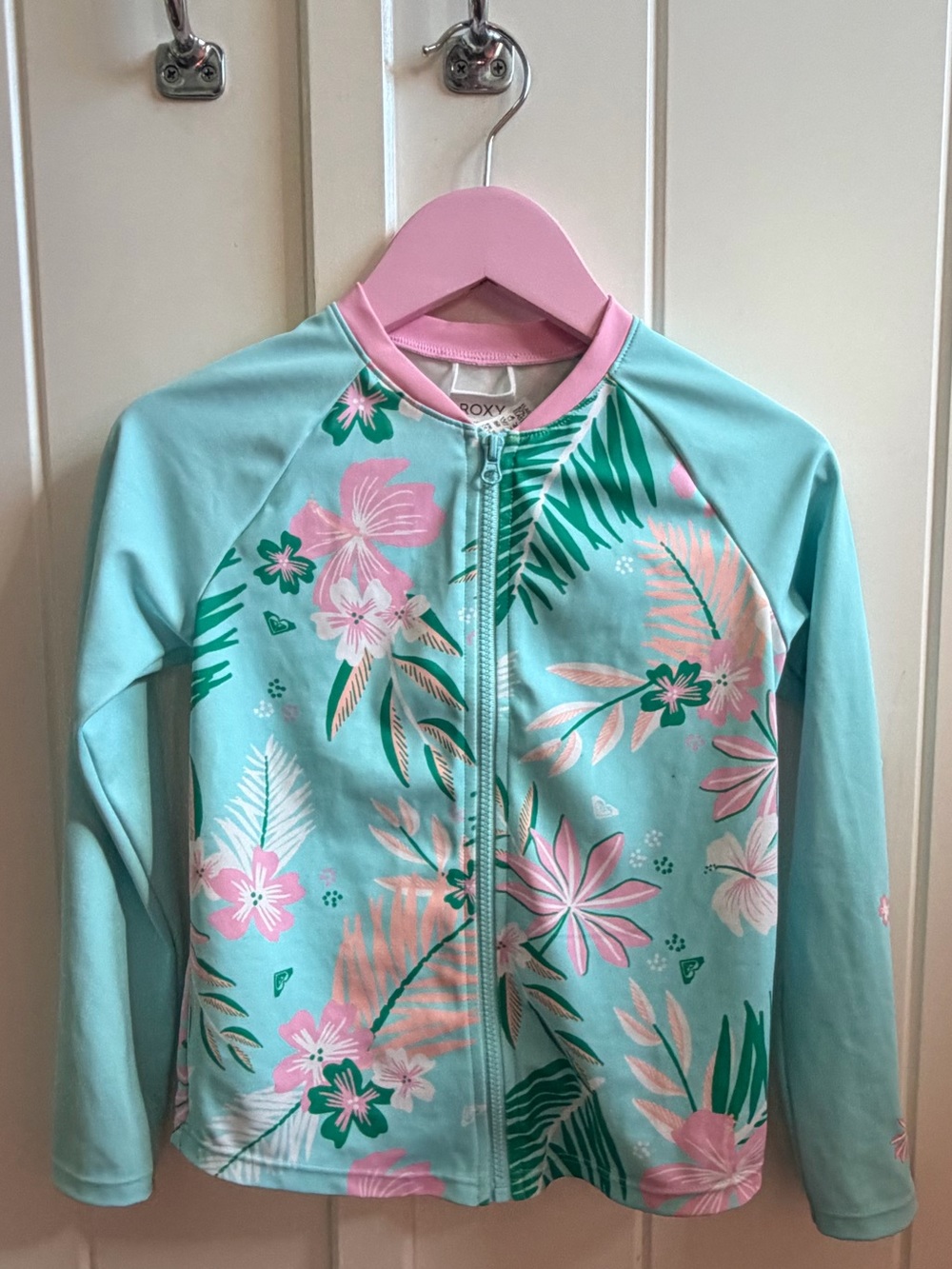 Roxy Girls Aqua and Pink Floral Zip-Front Rash Guard